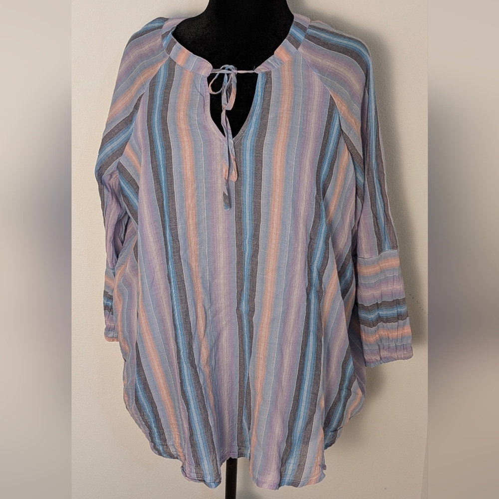 Lane Bryant Women Blue Multicolor Raglan Sleeve Striped Blouse Top Size 16 Lined